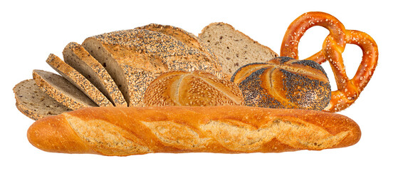 assortment of freshly baked breads, including a baguette, pretzel, and sliced whole wheat, ideal for sandwiches, toast, or tasty snacks showcasing baking variety