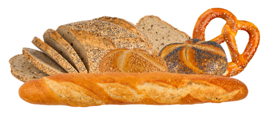 assortment of freshly baked breads, including a baguette, pretzel, and sliced whole wheat, ideal for sandwiches, toast, or tasty snacks showcasing baking variety