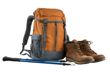Orange Backpack Hiking Boots Trekking Poles isolated on a transparent background