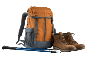 Orange Backpack Hiking Boots Trekking Poles isolated on a transparent background