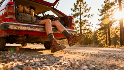 Traveler resting in the trunk of an old red car on a gravel road during sunset. Hiking boots, backpacks, and warm sunlight create a sense of adventure, freedom, and outdoor exploration.