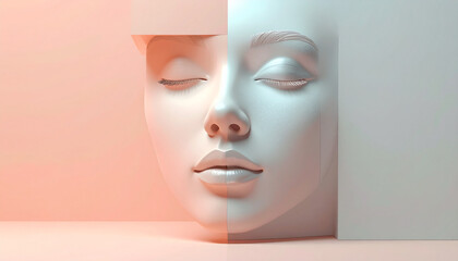 Sculpted face with closed eyes, split lighting