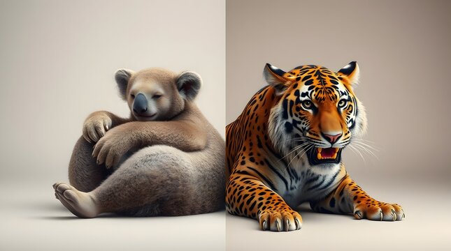 A split image showing a sleeping koala bear and a tiger lying down on a beige background surface