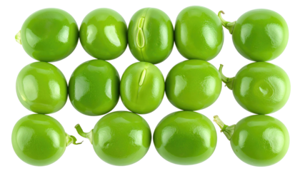 Fifteen bright green peas arranged closely in a grid on a black backdrop, lit from above