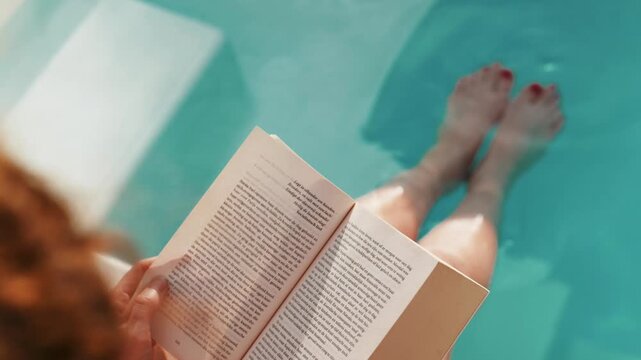 Woman with red nail polish sitting on edge of swimming pool reading a book in luxury holiday villa, hotel resort