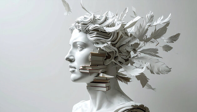Artistic Sculpture of a Person with Books and Feathers