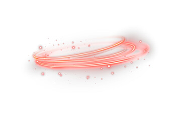 Red neon glowing ring with soft light trail and halo beam. Abstract luminous circle isolated on transparent background for futuristic technology or digital vector design.