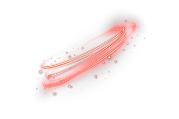 Red neon glowing ring with soft light trail and halo beam. Abstract luminous circle isolated on transparent background for futuristic technology or digital vector design.