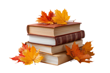Stack of books with autumn leaves isolated on a transparent background 1