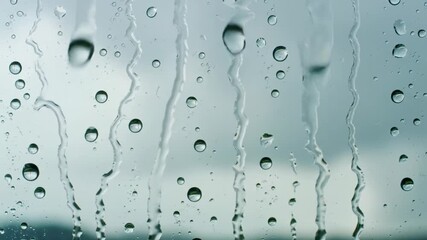Extreme close-up macro video of spherical raindrops and intricate rivulets on clear glass, glistening against bokeh sky and dark storm clouds. Peaceful contemplation - Powered by Adobe