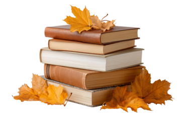 Stack of old books with autumn leaves isolated on a transparent background