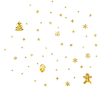 Christmas gold glitter stars snowflake, Christmas Tree, Christmas Hat, Santa, gift box, circle confetti decoration