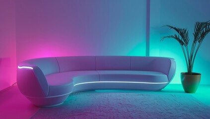 Interior with Curved Sofa and Neon Lighting A Study in Color and Form.