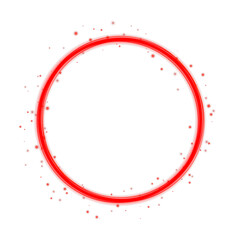 Glowing red neon ring with energy particles and light trails. Vector luminous circle isolated on transparent background for tech design.