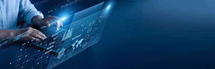 Nanotechnology network connection concept. Research scientist hand working on a laptop computer...