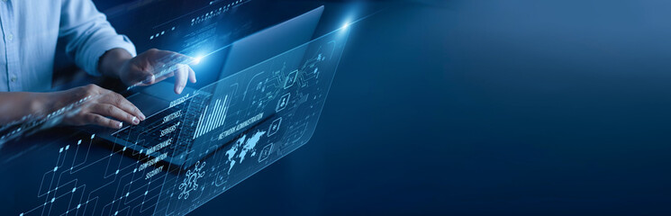 Network Administration network connection concept. System administrator is working hard on a laptop computer with graphical server configuration monitoring connectivity optimization management.