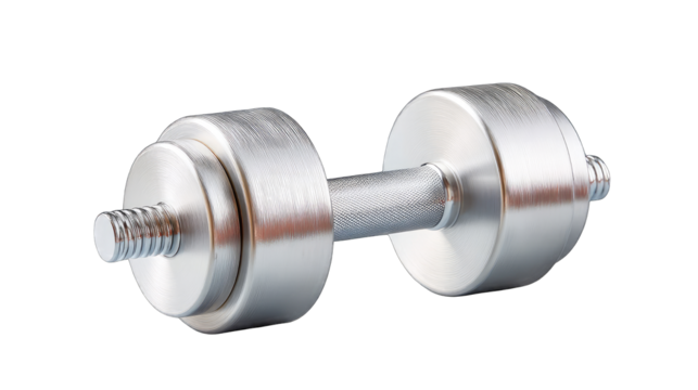 Shiny Silver Barbell Weight With Textured Surface and Transparent Background Isolated