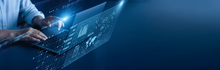 Smart Cities network connection concept. Urban planner hand working on a laptop computer with graphical infrastructure mapping IoT sensor data sustainability innovation architecture.