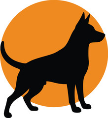 Silhouette of a german shepherd dog standing attentively against a vibrant orange circular backdrop representing a sunset or sun vector