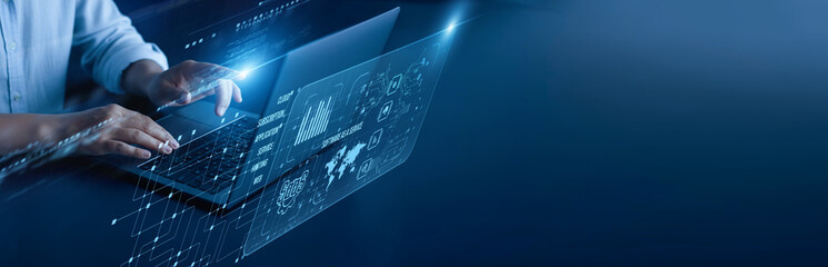 Software as a Service network connection concept. Cloud engineer hand working on a laptop computer with a graphical subscription model data management application delivery dashboard.