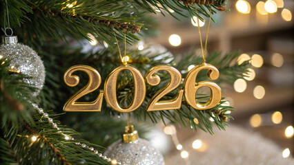 Beautiful golden ornament marking the new year 2026 hanging on a decorated Christmas tree with warm lights