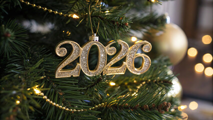 Festive golden 2026 ornament hanging on a Christmas tree with twinkling lights in a cozy setting