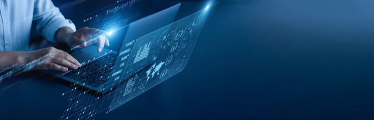 Tax network connection concept. Accountant hand working on a laptop computer with graphical...