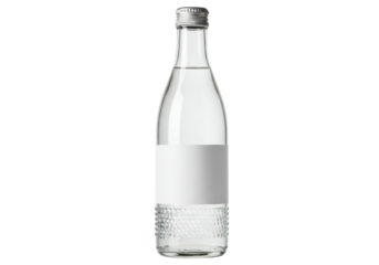 Isolated sparkling water glass bottle with blank label for logo, carbonated beverage