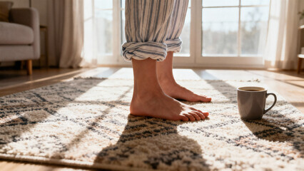 Morning scene at home with a person standing barefoot on a cozy carpet in sunlight. A cup of coffee sits nearby, evoking a calm and peaceful start to the day in a warm, minimalist interior.
