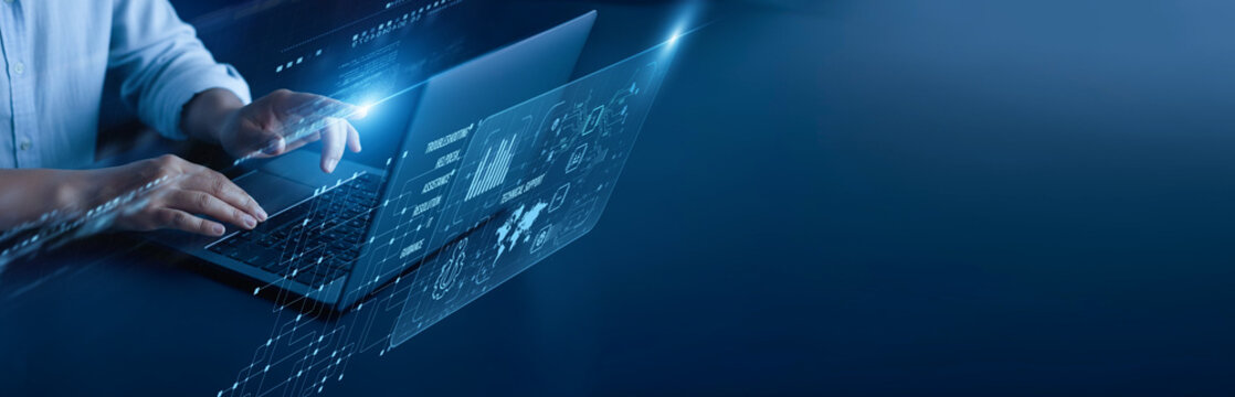 Technical Support network connection concept. Support specialist hand working on a laptop computer with a graphical troubleshooting interface service monitoring diagnostics assistance.