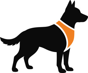 Sleek black dog silhouette wearing bright orange service vest standing alertly outdoors vector