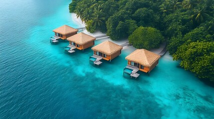Overwater bungalows surrounded by clear turquoise waters and lush greenery in a tropical paradise