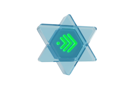 Isolated star shaped abstract technology icon with illuminated green arrow symbol inside