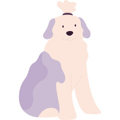 Cartoon illustration of a fluffy cream colored dog with purple patches sitting against a white background