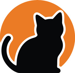 Mysterious black cat silhouette against a vibrant orange circle symbolizing halloween or nighttime atmosphere and mystique vector