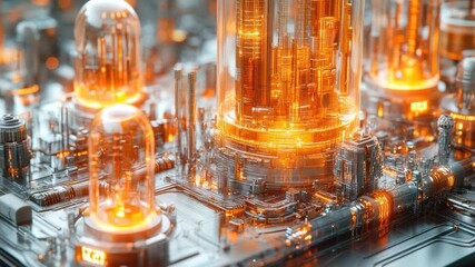 A close-up view of a cityscape on a computer motherboard, suitable for futuristic or technological illustrations - Powered by Adobe
