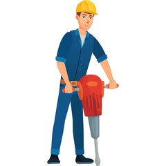 Cartoon Male Worker Character in Blue Overalls and Yellow Hard Hat Operating a Red Jackhammer on Transparent Background