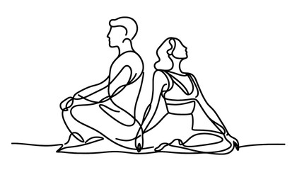 Simple one line drawing a man and woman doing yoga . Transparent background png file