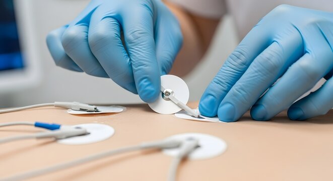 Healthcare professional carefully places ECG electrodes for patient monitoring, demonstrating essential diagnostic procedures in a clinical setting with precision and care