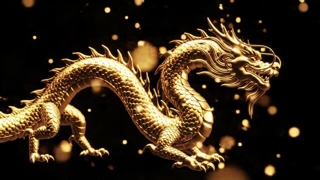 Majestic, golden Chinese dragon forms from ethereal light, showcasing reflective scales and powerful form with a 360-degree orbital dolly video against black. Ancient mythology concept