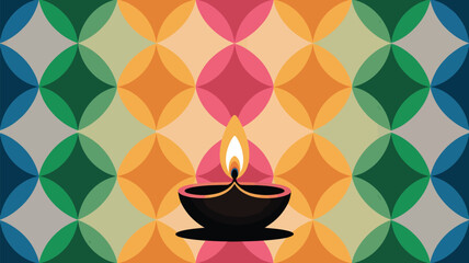 A lit diya lamp against a colorful geometric background with circles and diamond shapes pattern design