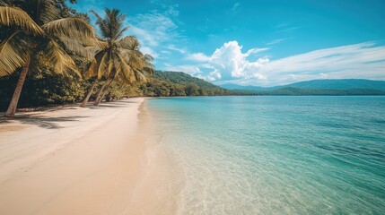 Obraz premium Idyllic Tropical Beach with Palm Trees and Clear Turquoise Water