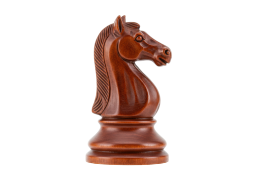 Isolated Knight chess piece crafted from dark wood, a strategic game with a classic design