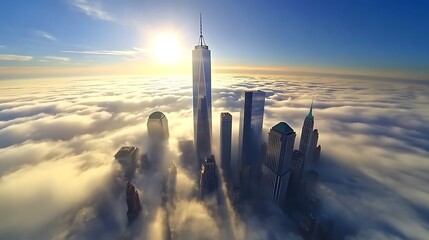 Skyscrapers piercing through the clouds with a clear blue sky above