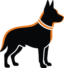 Silhouette of a german shepherd dog standing alert wearing a collar with orange accents simple graphic design profile view purebred canine animal side view vector