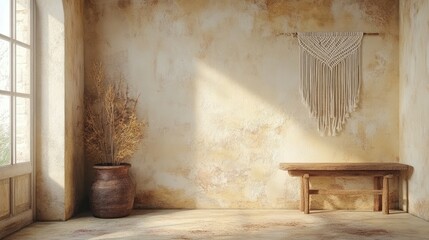 Empty Room with Rustic Walls, Window Light, and Minimalist Decor