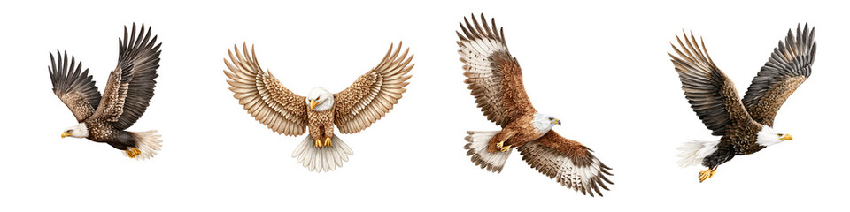 Obraz premium Majestic bald eagles in various dynamic flight poses showcasing their powerful wings, sharp beaks, and vibrant plumage, ideal for wildlife enthusiasts and nature lovers