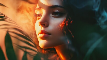 Fototapeta premium A young woman with long, dark hair, looks away from the camera with an intense gaze, bathed in a soft golden light with green foliage in the background.