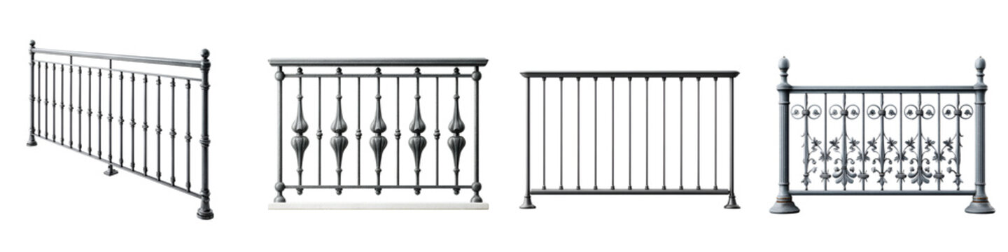 Elegant, classic railing designs featuring decorative elements, intricate details, and black metal finishes, perfect for architecture and interior decor projects