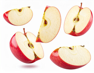 Fresh Apple Slices Falling in Midair, Isolated on White Background